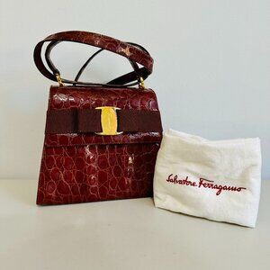 SALVATORE FERRAGAMO 2-WAY VARA BOW CROC EMBOSSED LEATHER SATCHEL CROSSBODY ITALY